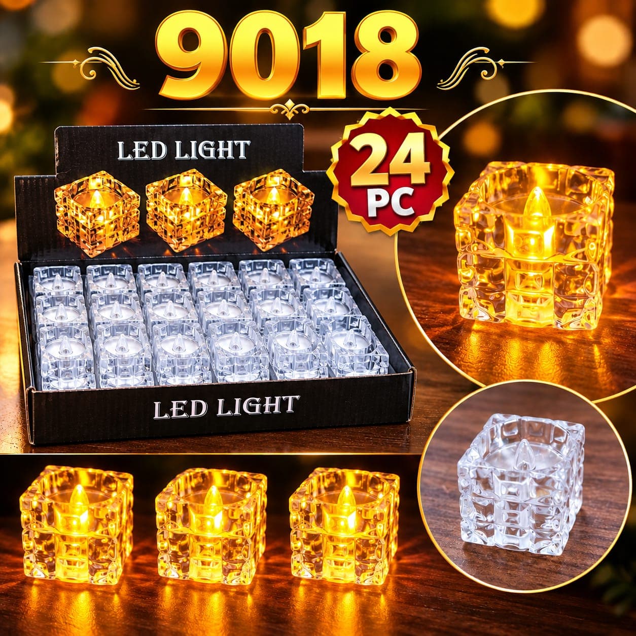 Diwali Candle Crystal Cube LED Tealight | Pack of 24 | Flameless Acrylic Candle Holder Light For Diwali Decoration