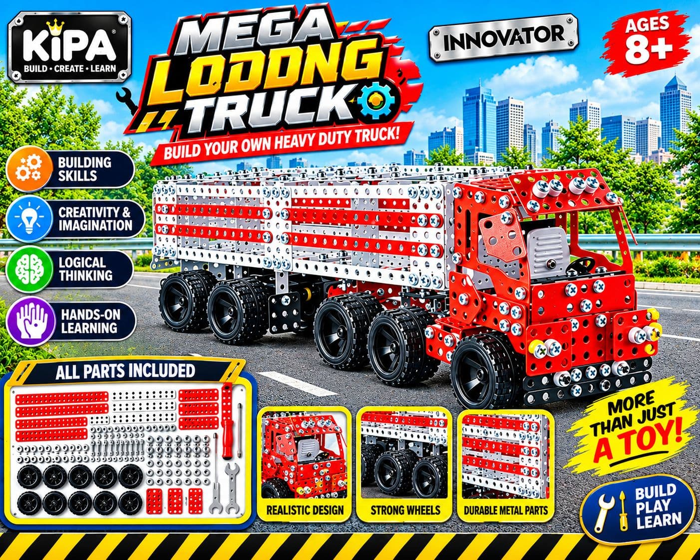 LEGO Style - Mega Loading Truck Metal Building Kit | Build Your Own Heavy Duty Truck | Screws, Wheels & Tools Included | STEM Construction Toy | Ages 8+