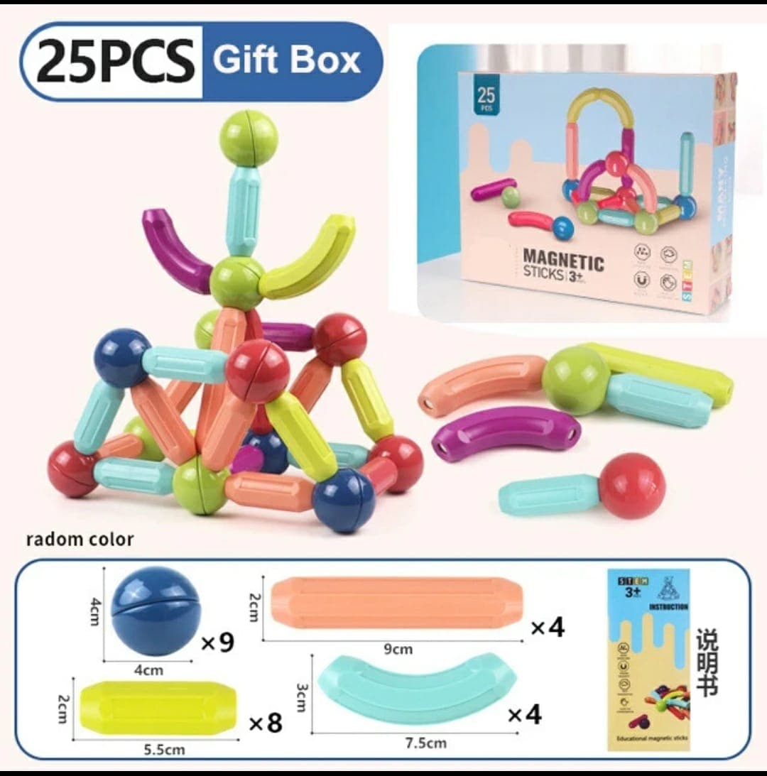 LEGO Style - 25 Pcs Magnetic Building Sticks & Balls Starter Set in Gift Box | Magnetic Blocks For Kids | Color As Per Stock