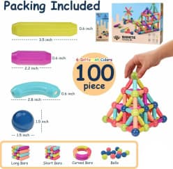 100 Pcs Magnetic Sticks & Balls Building Set | 6 Colours Magnetic Blocks For Kids | STEM Learning Toy | Ages 3+