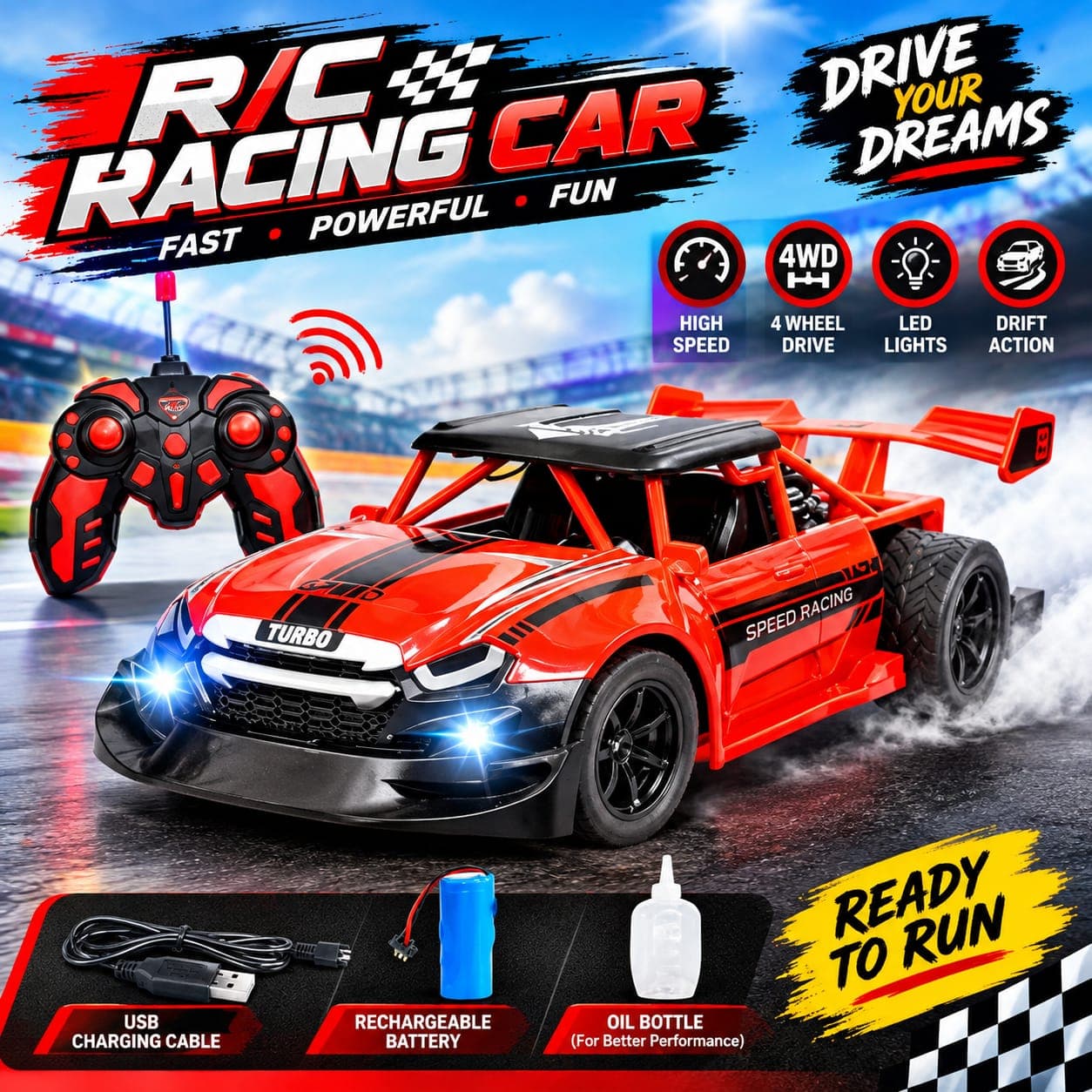 Remote Control Racing Car 4WD With LED Lights & Drift Action | USB Rechargeable | Ready To Run