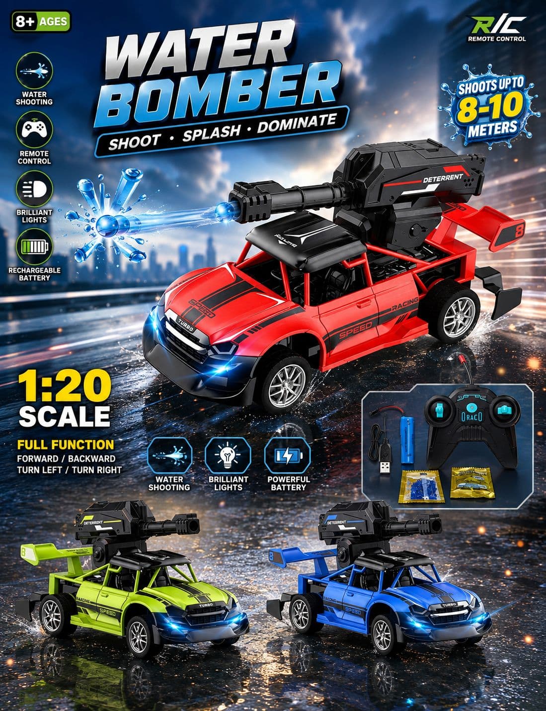 Remote Control Water Bomber Car 1:20 With Water Shooting & Lights | Rechargeable | Ages 8+ | Color As Per Stock