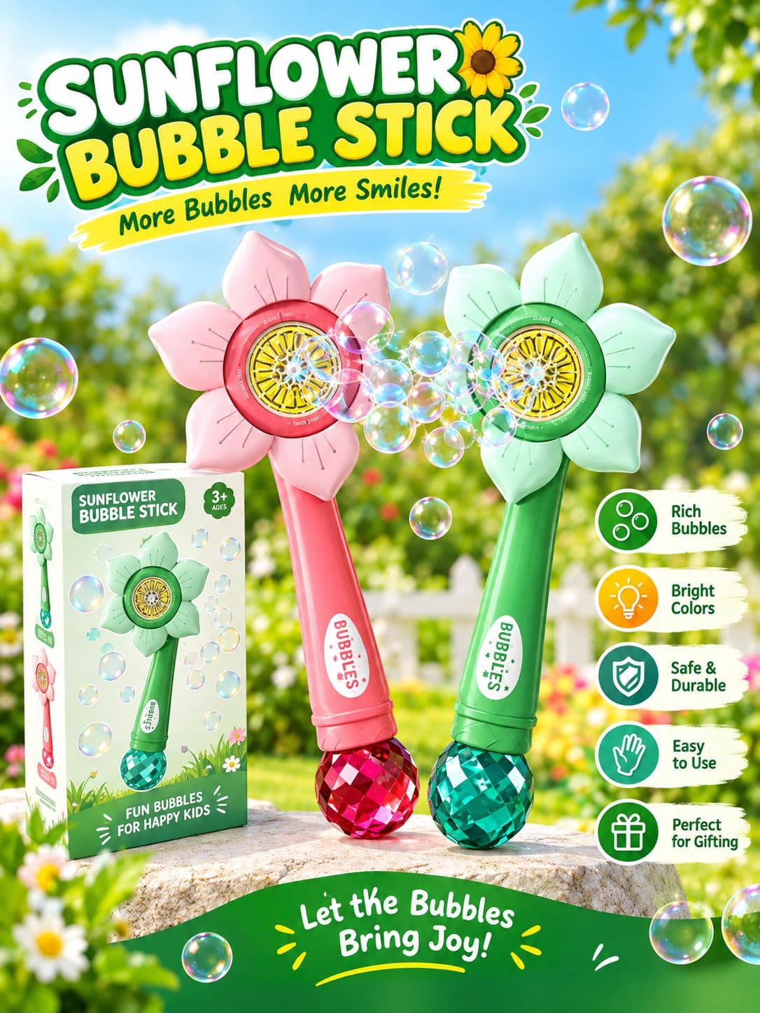 Sunflower Bubble Stick Wand Toy With Rich Bubbles & Bright Lights | Pink & Green | Color As Per Stock | Ages 3+ — view 3