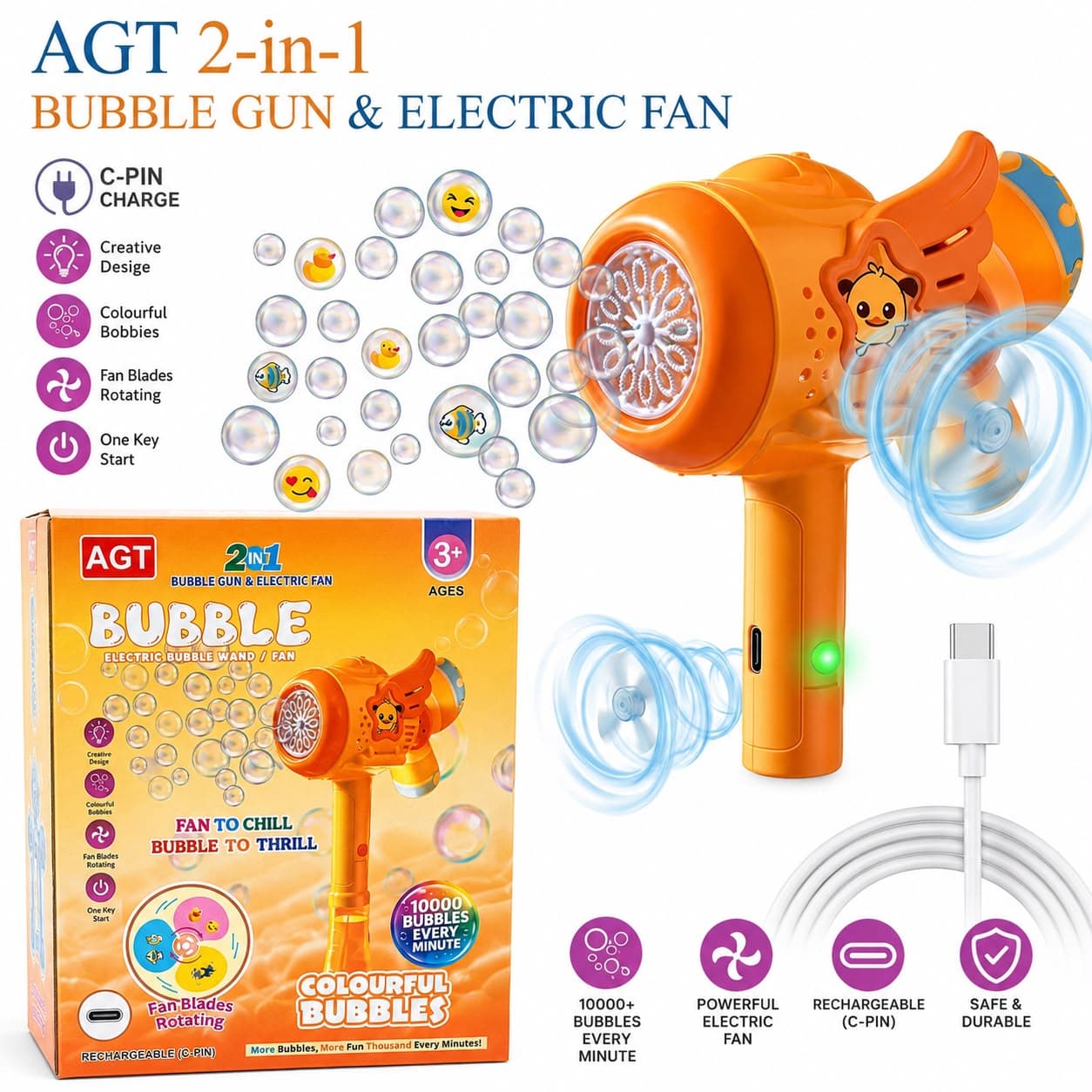2-in-1 Duck Bubble Gun & Electric Fan | Type-C Rechargeable Bubble Machine With Rotating Fan Blades | Ages 3+ — view 3