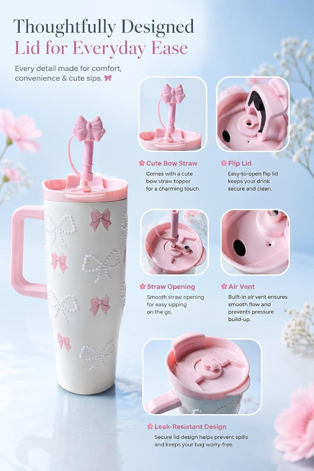 Valentine Pink Bow Insulated Water Bottle with Carry Handle | 900 ml | Color as per Stock dispatched | Pack of 1 Pc — view 2