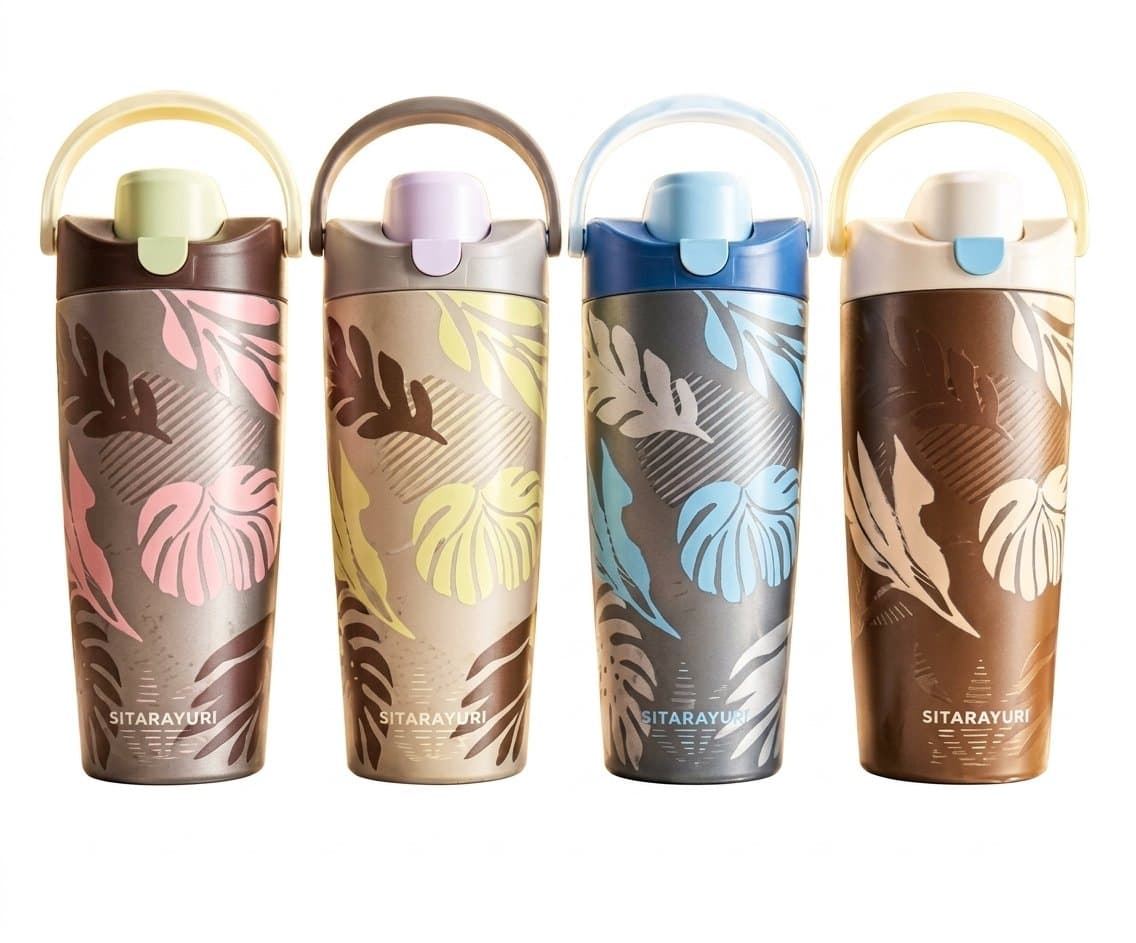 Printed Insulated Stainless Steel Tumbler with Handle & Straw | 900 ml | Color as per Stock dispatched | Pack of 1 Pc