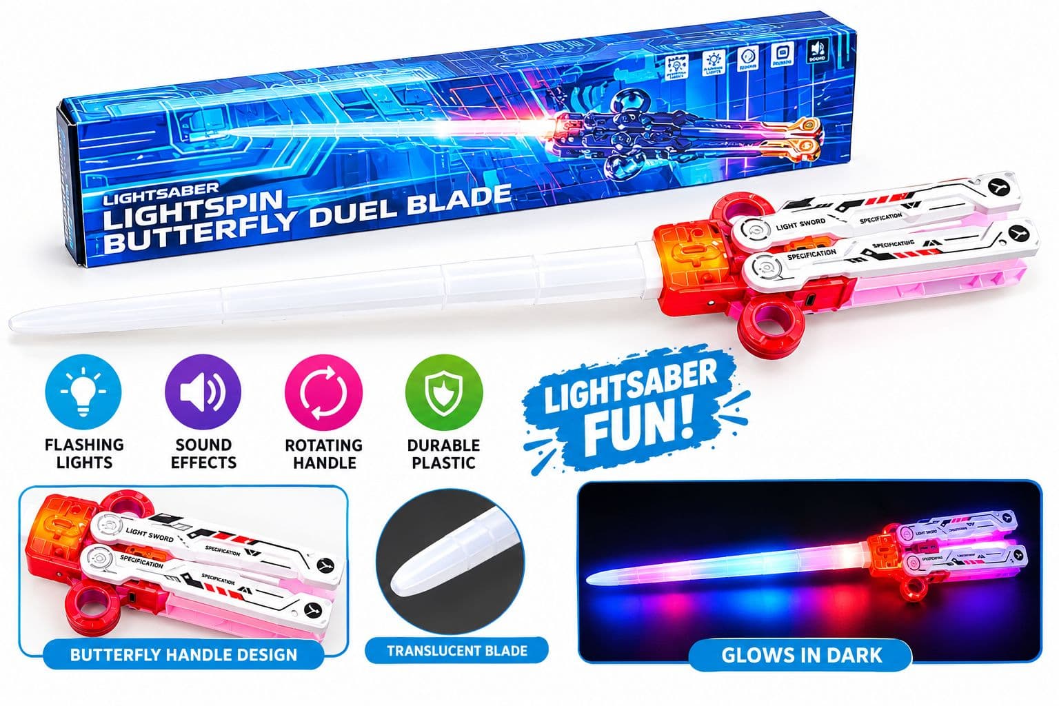Light-Up Butterfly Lightsaber Toy Sword With Flashing Lights, Sound Effects & Rotating Handle | Glows In Dark