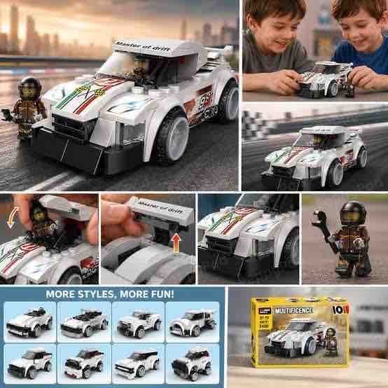 LEGO Style - White Drift Sports Car Building Blocks Set With Driver Figure | Multi-Model Racing Car Brick Kit | STEM Construction Toy For Kids