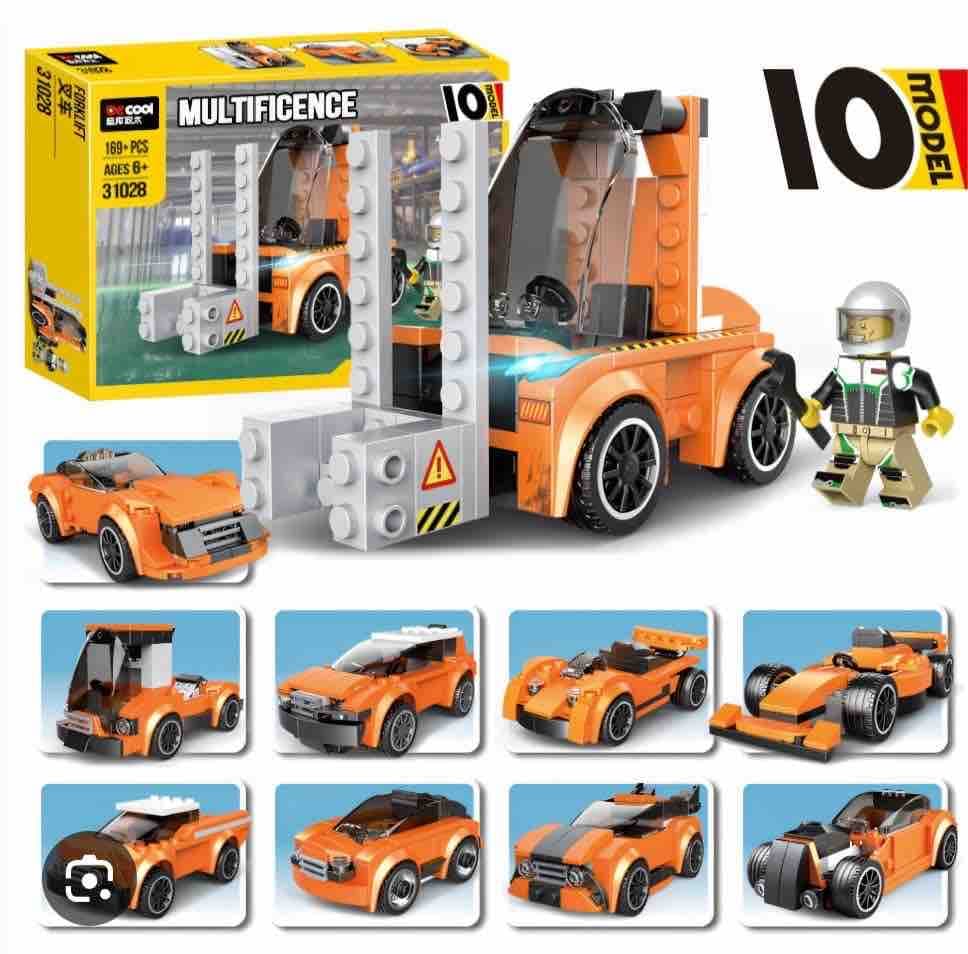 LEGO Style - 169+ Pcs Orange Forklift & Race Car Building Blocks Set | 10 Models in 1 Brick Kit With Figure | Ages 6+