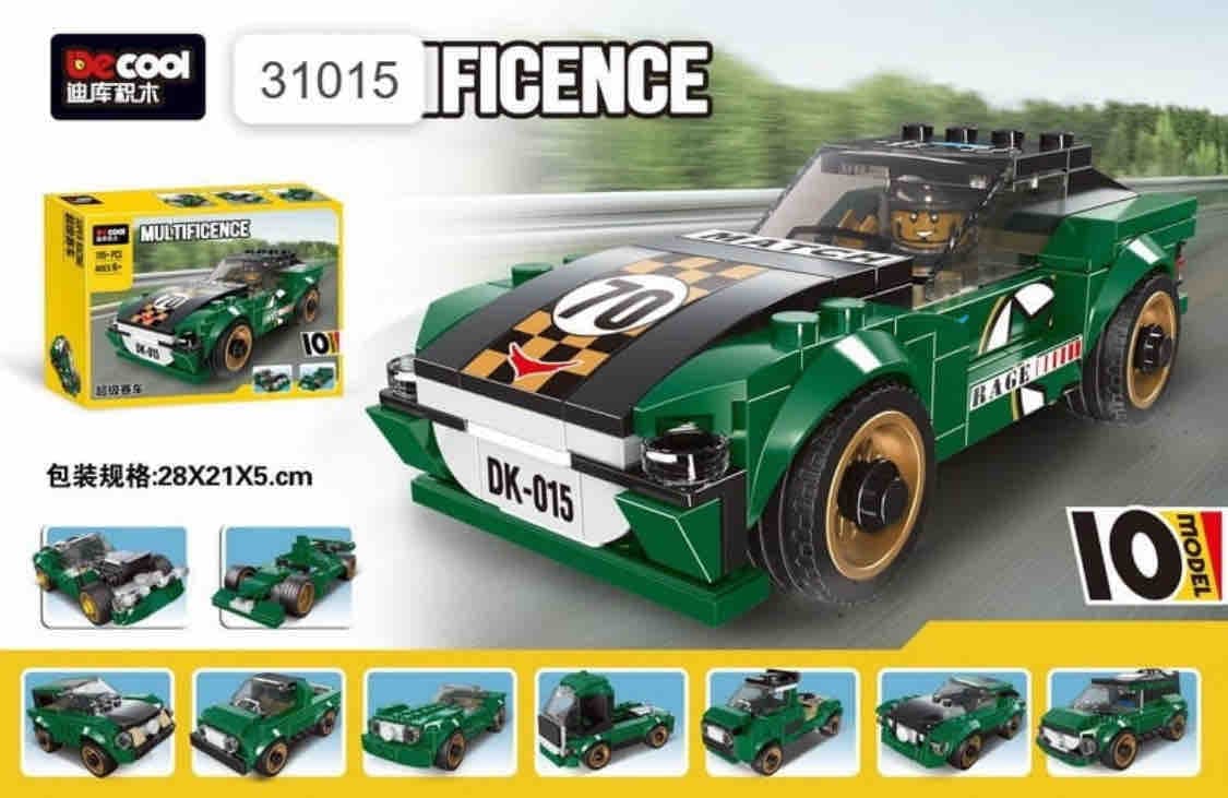 LEGO Style - Green Vintage Racing Car Building Blocks Set | 10 Models in 1 Brick Kit With Driver Figure | Gift Box 28 x 21 x 5 cm