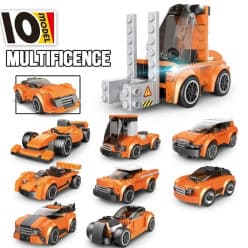 LEGO Style - 169+ Pcs Orange Forklift & Race Car Building Blocks Set | 10 Models in 1 Brick Kit With Figure | Ages 6+