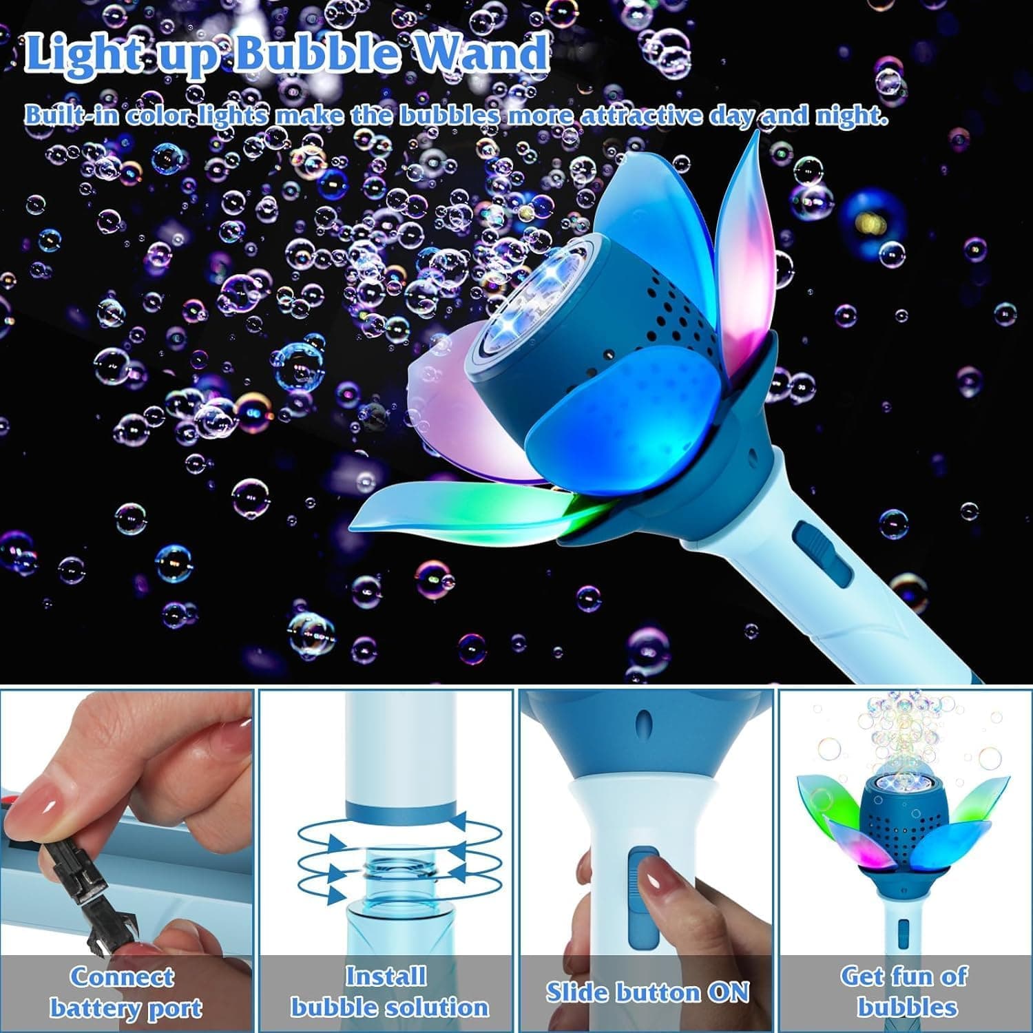 Lotus Bubble Wand Machine With 10 Holes, Lights & Bubble Water | USB Rechargeable | Blue & Pink | Color As Per Stock | Ages 3+ — view 2