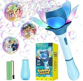 Lotus Bubble Wand Machine With 10 Holes, Lights & Bubble Water | USB Rechargeable | Blue & Pink | Color As Per Stock | Ages 3+