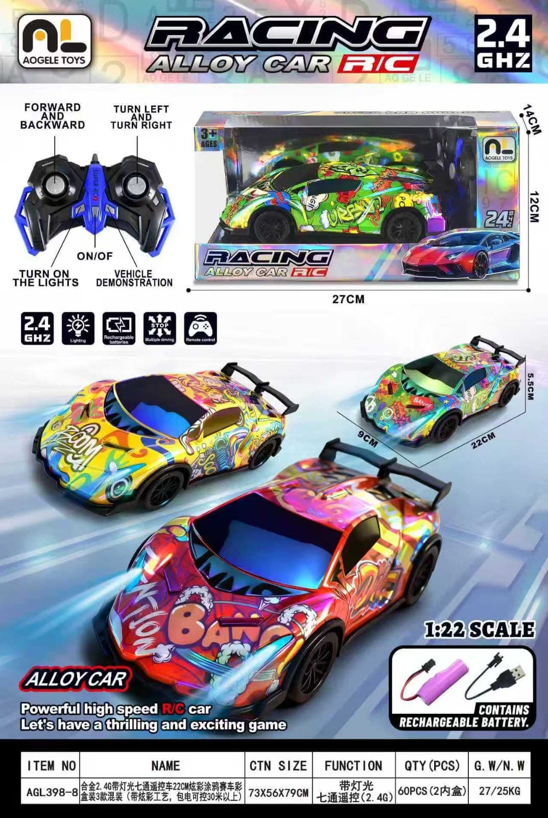Alloy Remote Control Racing Car 1:22 With Graffiti Paint, Lights & 2.4GHz Remote | Rechargeable | Color As Per Stock — view 2