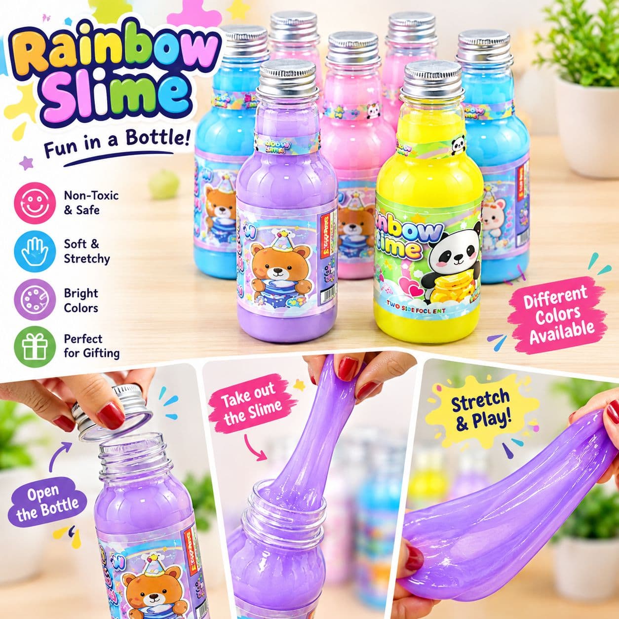 Rainbow Slime In A Bottle | Non-Toxic Soft Stretchy Slime For Kids | Bear & Panda Bottles | Color As Per Stock | Pack of 1
