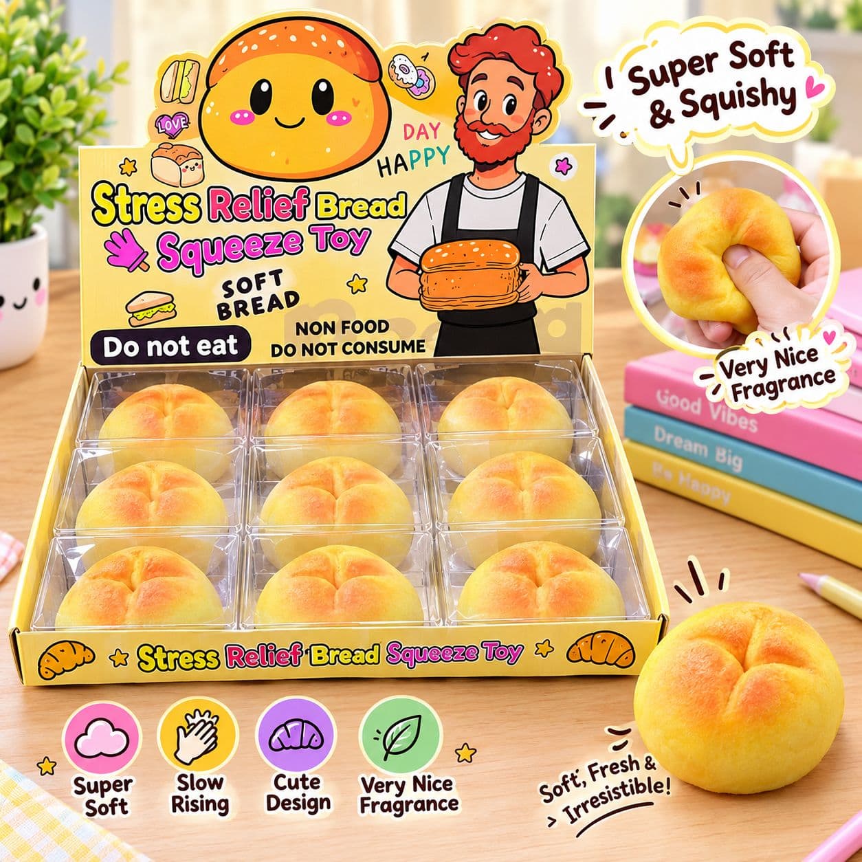 Round Bun Squishy Toy | Soft Scented Bread Roll Squeeze Stress Relief Toy | Pack of 1
