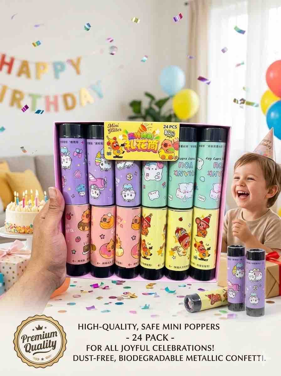 Mini Party Popper Set 24 Pack | Confetti Shooter Tubes For Birthday & Celebrations | Design As Per Stock