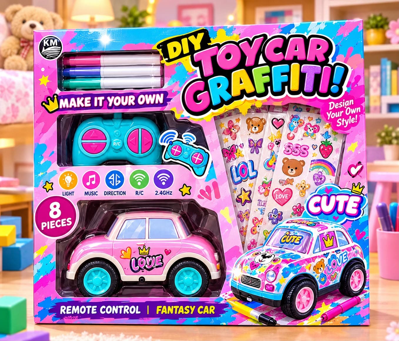 DIY Graffiti Remote Control Toy Car Set With Markers & Stickers | 8 Pieces | 2.4GHz With Lights & Music | Make It Your Own