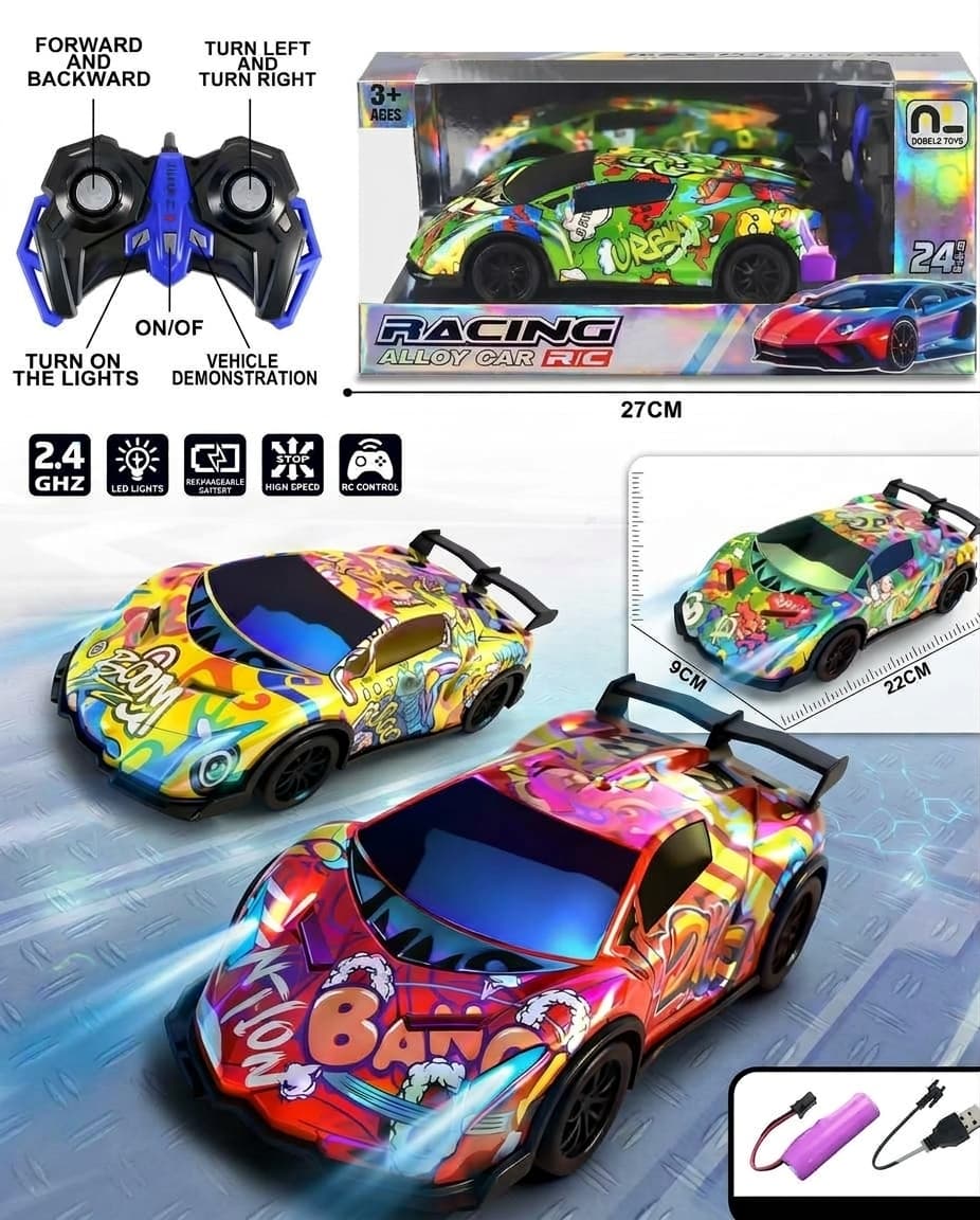 Alloy Remote Control Racing Car 1:22 With Graffiti Paint, Lights & 2.4GHz Remote | Rechargeable | Color As Per Stock