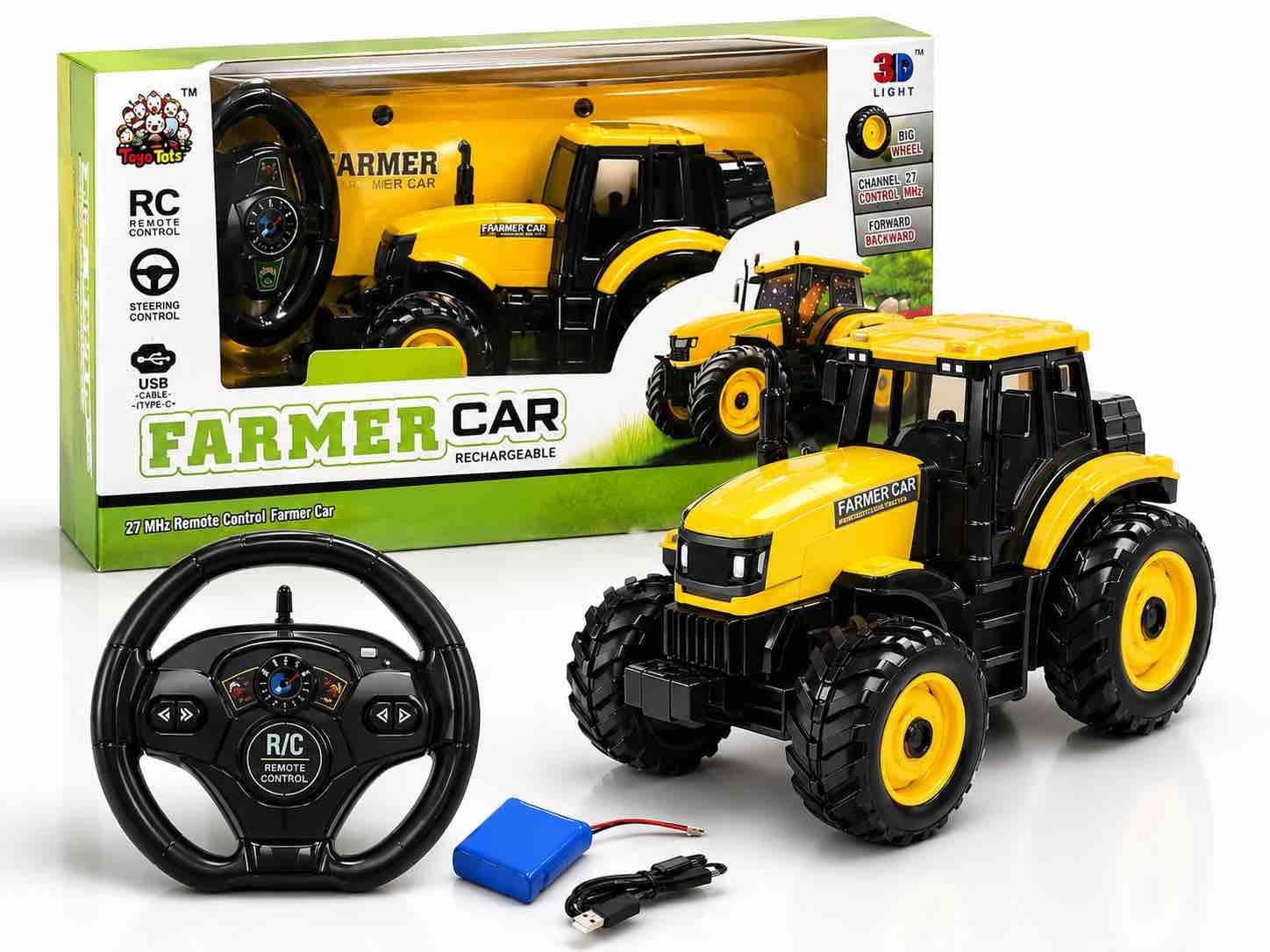 Rechargeable Remote Control Farmer Tractor With Steering Wheel Remote & 3D Light | 27MHz Big Wheel RC Tractor For Kids