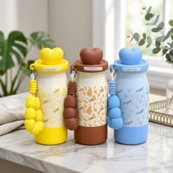 Heart Cap Stainless Steel Water Bottle With Silicone Charm Strap | 7.5 Inch Cute Bottle For Kids & Girls | Color As Per Stock | 1 Pcs