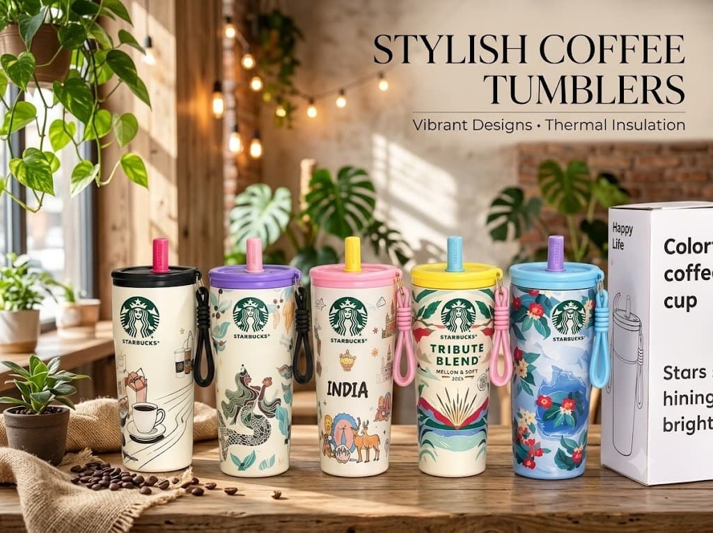 Stainless Steel Coffee Tumbler With Straw & Lid | Festive Print Sipper Cup For Hot & Cold Drinks | Thermal Insulation | Color As Per Stock | 1 Pcs