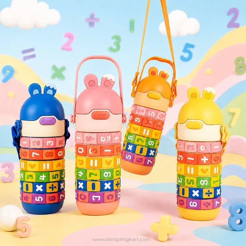 Kids Steel Water Bottle With Number Learning Dials, Straw Lid & Shoulder Strap | Maths Learning Sipper Bottle | Color As Per Stock | 1 Pcs — view 2