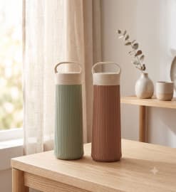 Ribbed Water Bottle With Carry Handle Lid | Minimal Lined Design Bottle For Kids & Adults | Color As Per Stock | 1 Pcs