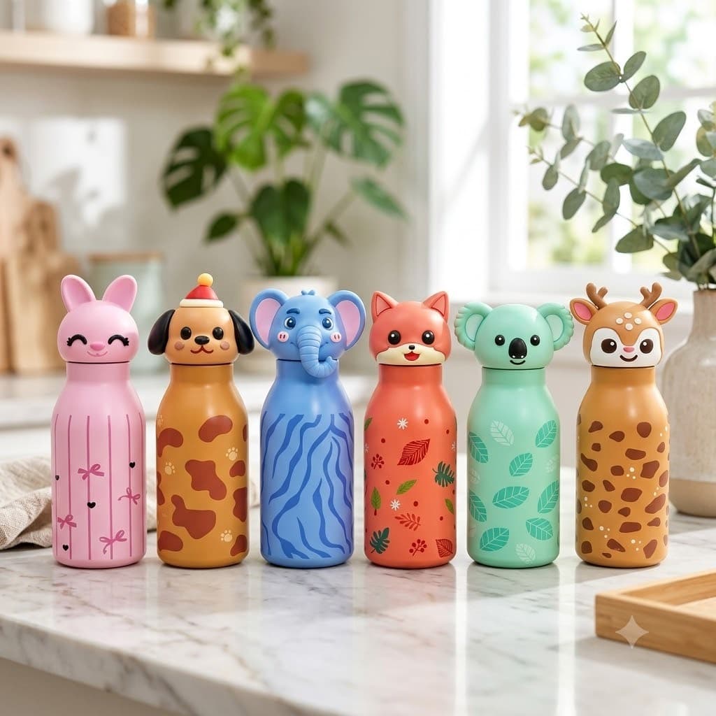 Cute Animal Head Water Bottle For Kids | Bunny, Puppy, Elephant, Fox, Koala & Deer Designs | Easy-Carry Kids Bottle | Color As Per Stock | 1 Pcs