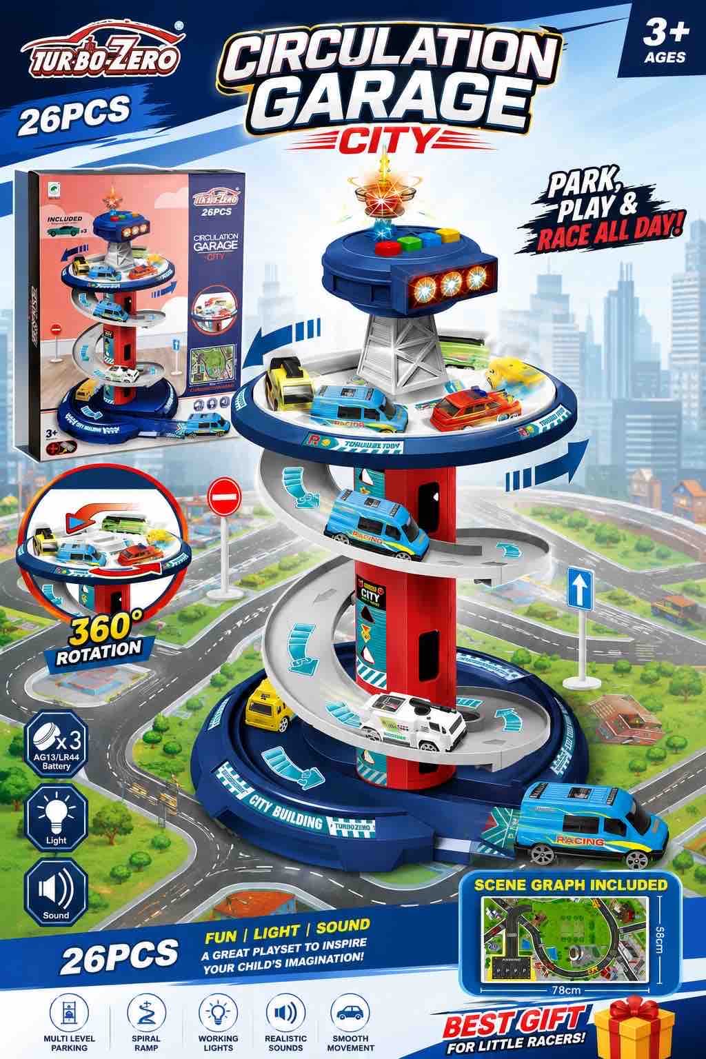 Circulation Garage City Parking Playset 26 Pcs With Spiral Ramp, Lights, Sound & Scene Mat | 360 Degree Rotation | Ages 3+