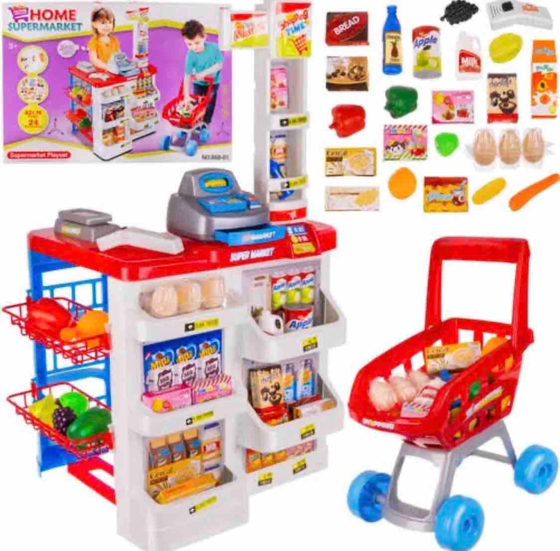 Home Supermarket Pretend Play Set With Shopping Cart, Cash Register, Scanner & Grocery Food Items | Big Kids Supermarket Playset