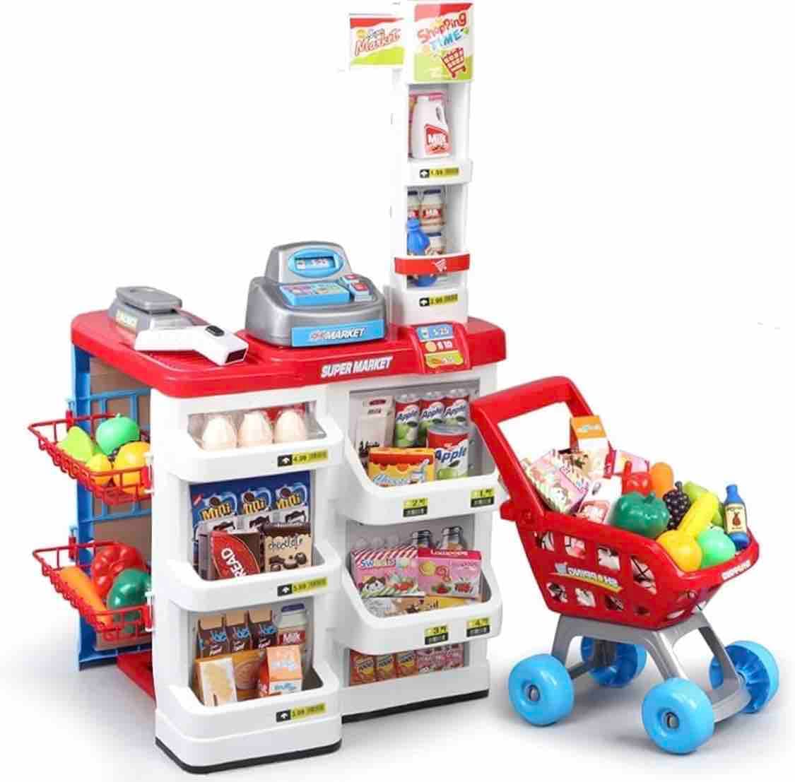 Home Supermarket Pretend Play Set With Shopping Cart, Cash Register, Scanner & Grocery Food Items | Big Kids Supermarket Playset — view 2