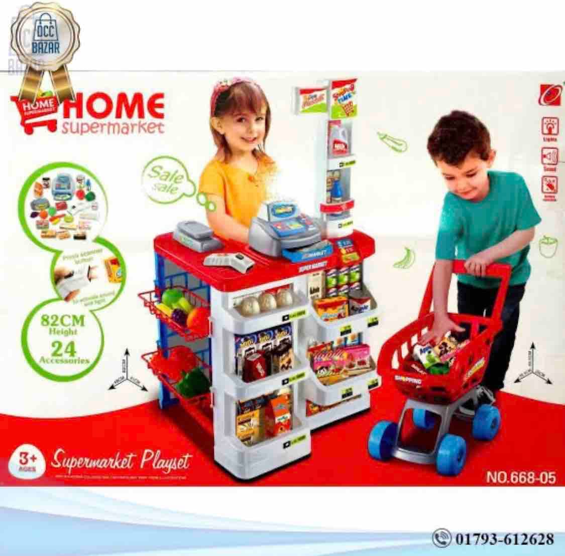 Home Supermarket Pretend Play Set With Shopping Cart, Cash Register, Scanner & Grocery Food Items | Big Kids Supermarket Playset — view 3