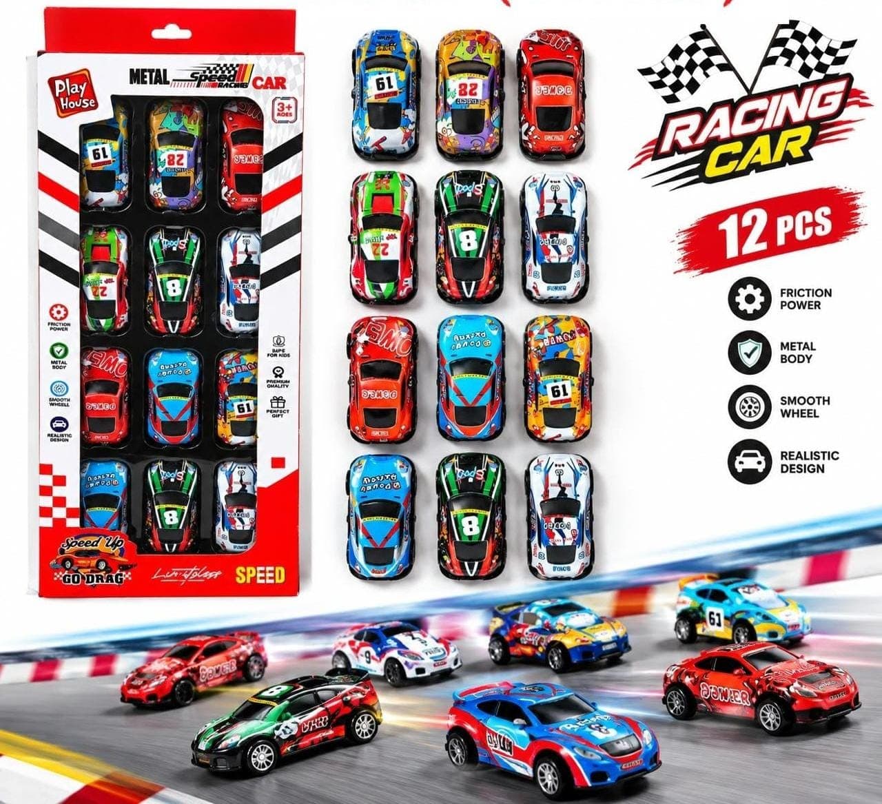 Metal Racing Car Set of 12 Pcs | Friction Power Mini Sports Cars | Color as per Stock dispatched | Ages 3+
