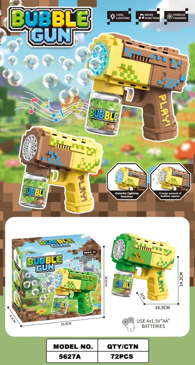 Minecraft Style Pixel Bubble Gun with Lights & Music | Automatic Bubble Blaster Toy for Kids | Color as per Stock dispatched