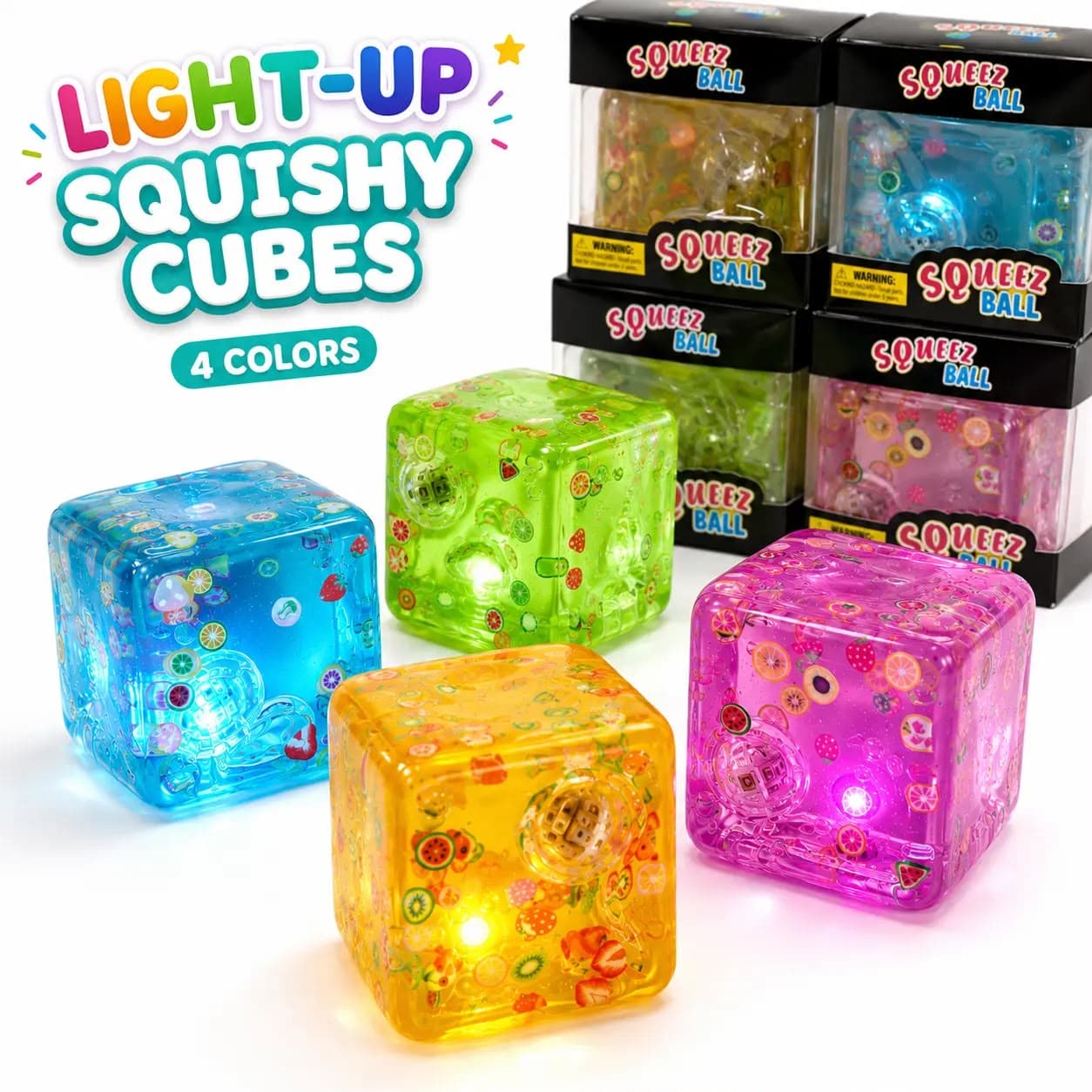 Light-Up Squishy Cubes | Glowing Squeeze Stress Relief Toy | Pack of 1 Pc | Color as per Stock dispatched