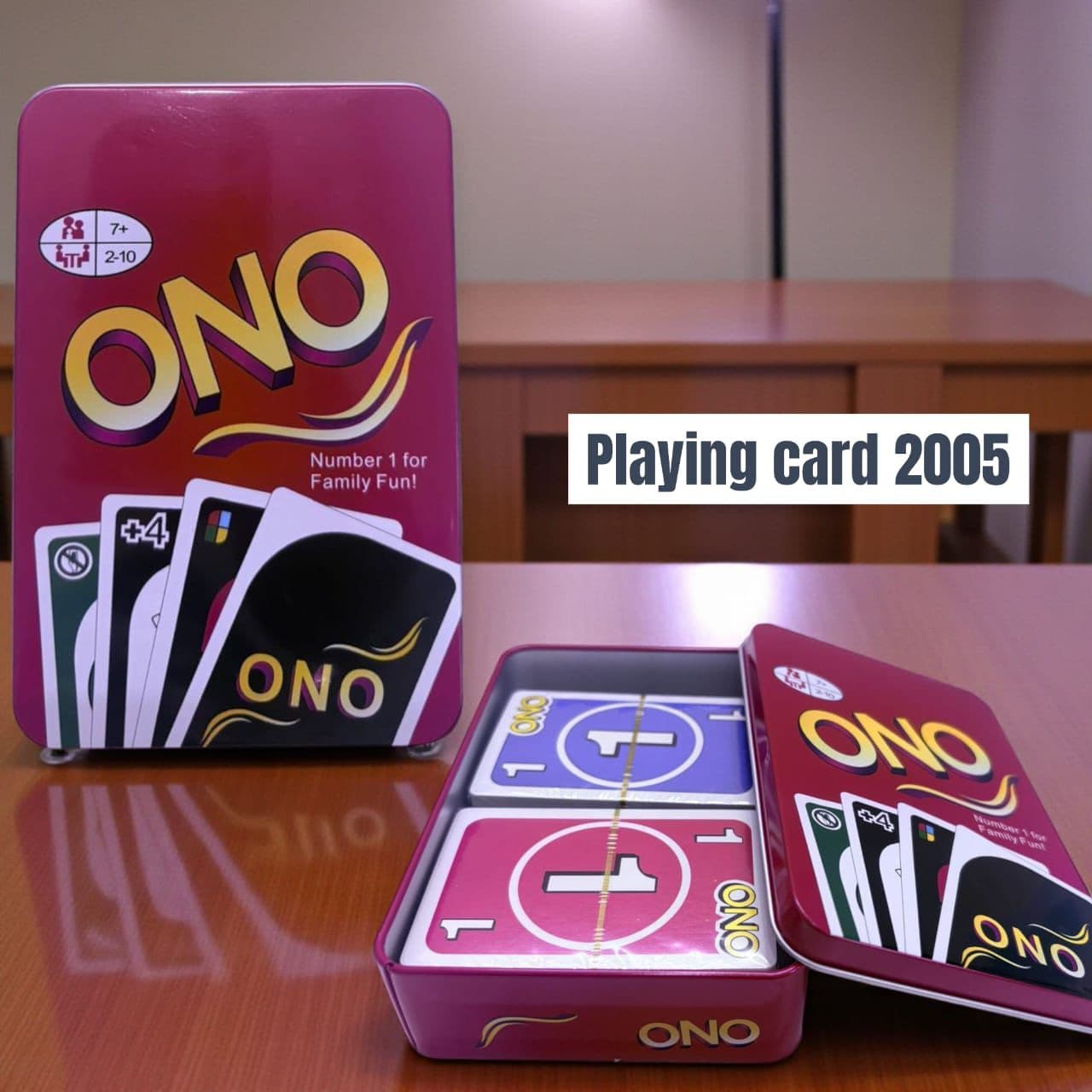 ONO Family Card Game in Tin Box | Double-Sided Flip Deck | Maroon Tin | Ages 7+