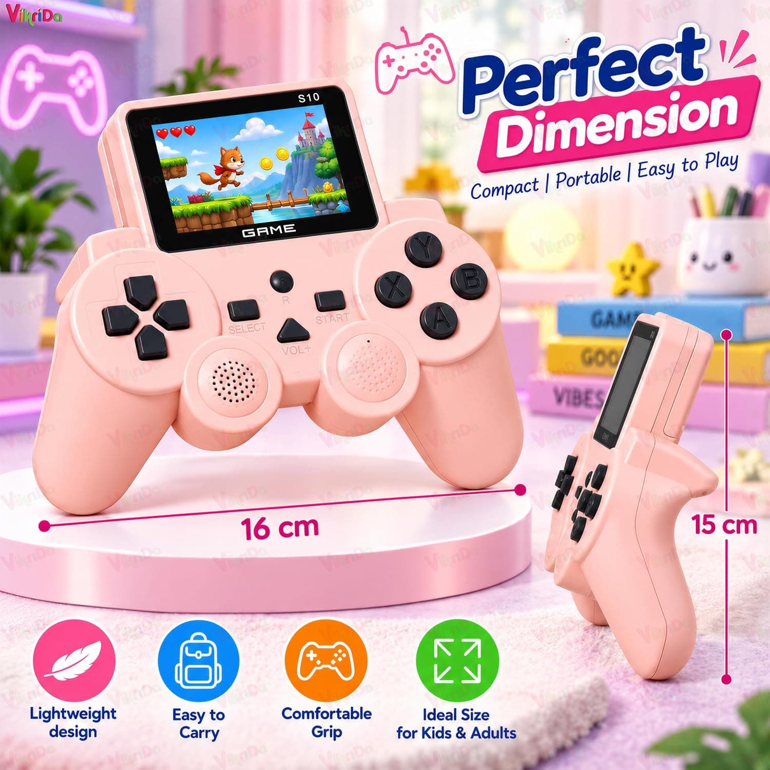Victor Pink S10 Handheld Gaming Console for Kids & Adults | 520 Built-in Classic Retro Games | Portable Rechargeable Mini Video Game Player with TV Output | Arcade Game Box Toy Gift for Boys — view 3