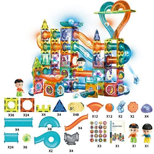 Light-Up Magnetic Blocks Marble Run Set 202 Pcs | Magnetic Tiles With Lamp & Colourful Balls | STEM Building Toy For Kids