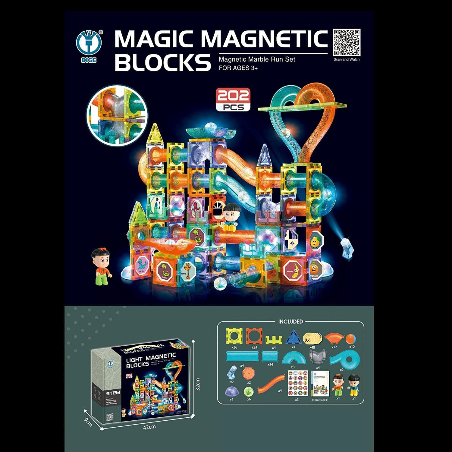 Light-Up Magnetic Blocks Marble Run Set 202 Pcs | Magnetic Tiles With Lamp & Colourful Balls | STEM Building Toy For Kids — view 5