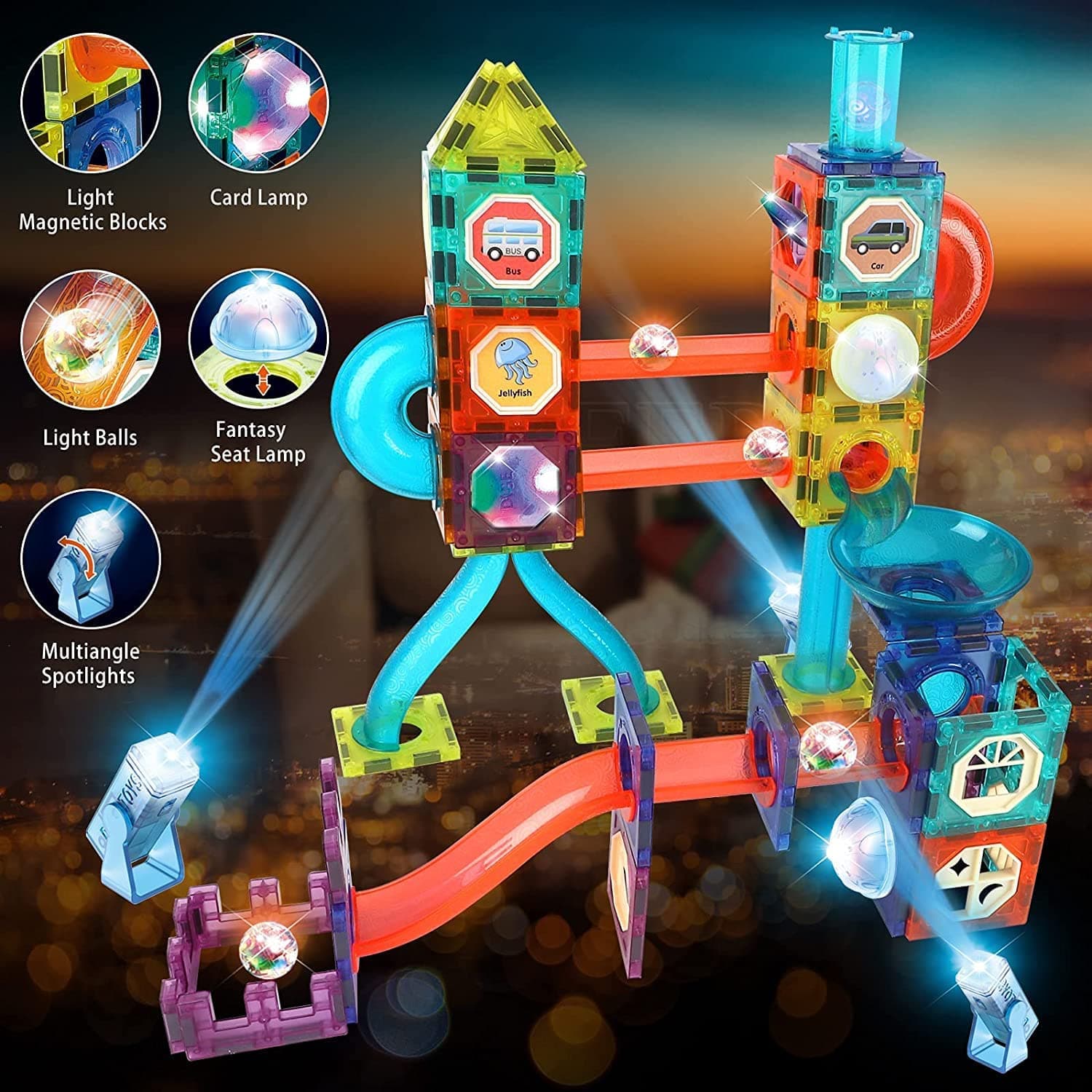 Light-Up Magnetic Blocks Marble Run Set 202 Pcs | Magnetic Tiles With Lamp & Colourful Balls | STEM Building Toy For Kids — view 6