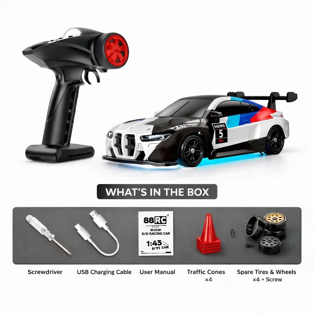 RC Metal High-Speed Drift Car 1:43 Scale (BMW M4-Style) | Alloy Remote Control Racing Car with Cones — view 3