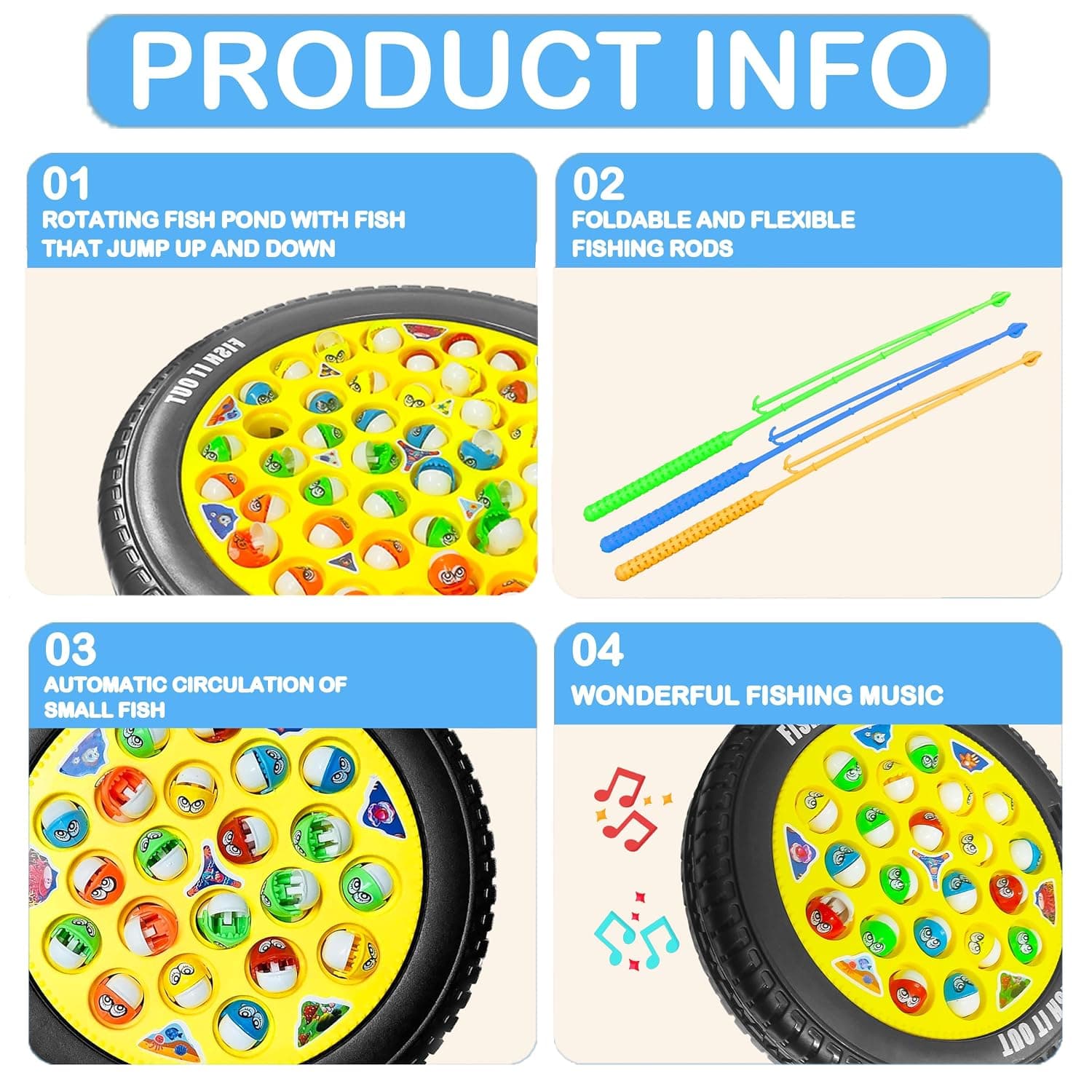 Fishing Game Toy Set with Rotating Board | with Music On/Off Switch for Quiet Play | 45 Fishes and 4 Fishing Poles | Safe and Durable Gift for Toddlers and Kids(Fishing Game Big) — view 4