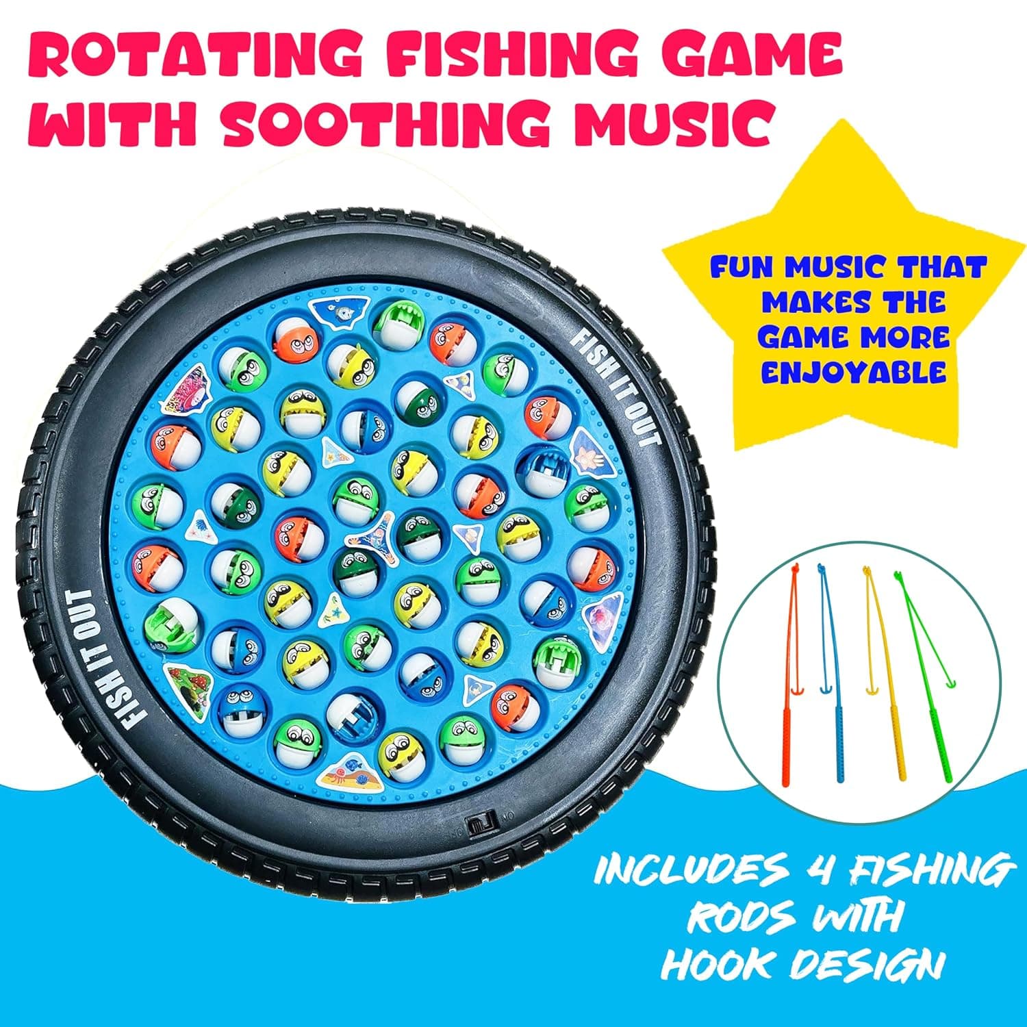 Fishing Game Toy Set with Rotating Board | with Music On/Off Switch for Quiet Play | 45 Fishes and 4 Fishing Poles | Safe and Durable Gift for Toddlers and Kids(Fishing Game Big) — view 7
