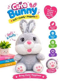 Cute Bunny Soft Toy | Grey Plush Rabbit with Paw Prints | Huggable Gift for Kids