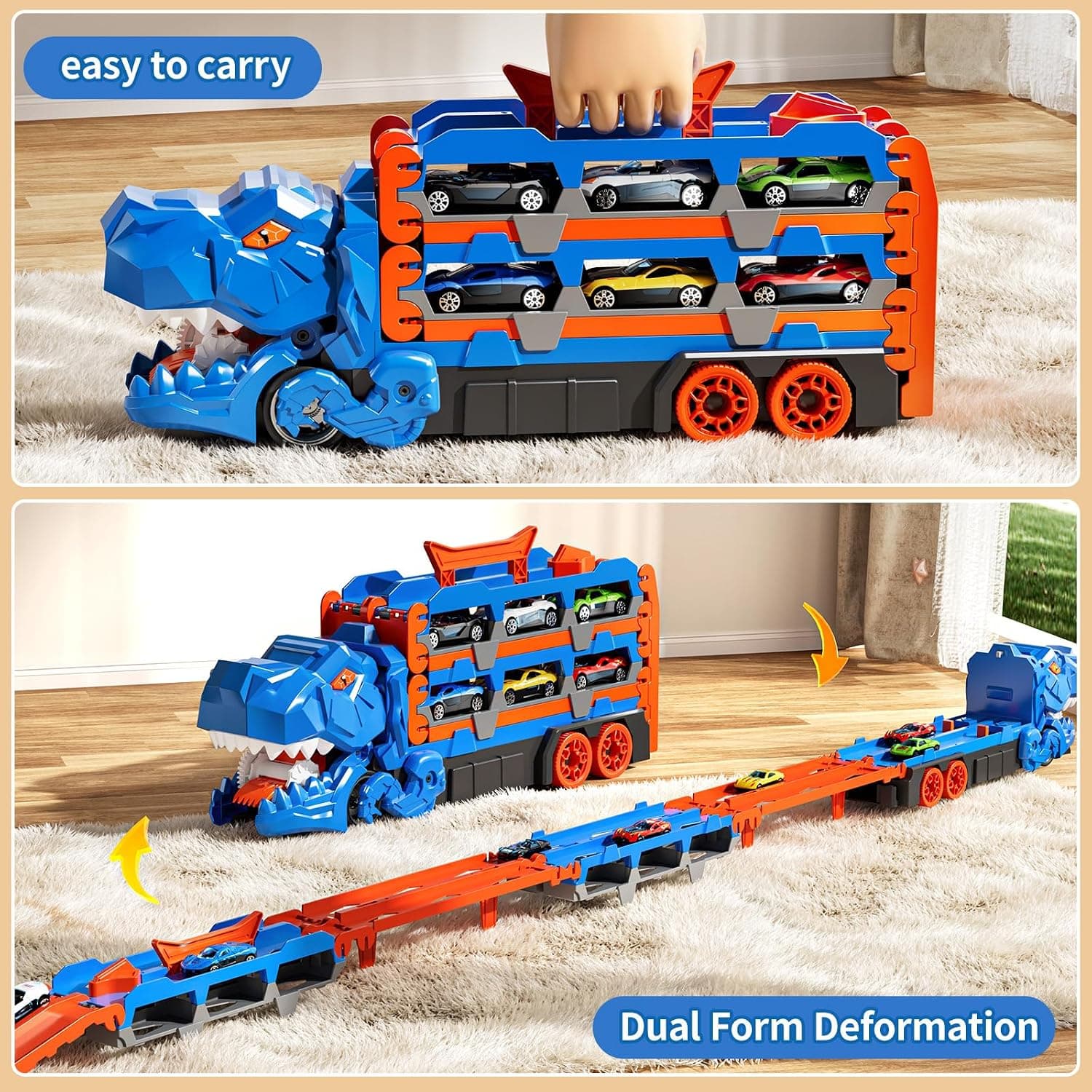 Dinosaur Carrier Truck 2-in-1 with 12 Alloy Cars | Dino Transporter Toy for Kids | Color as per Stock Dispatched | Pack of 1 Set — view 3