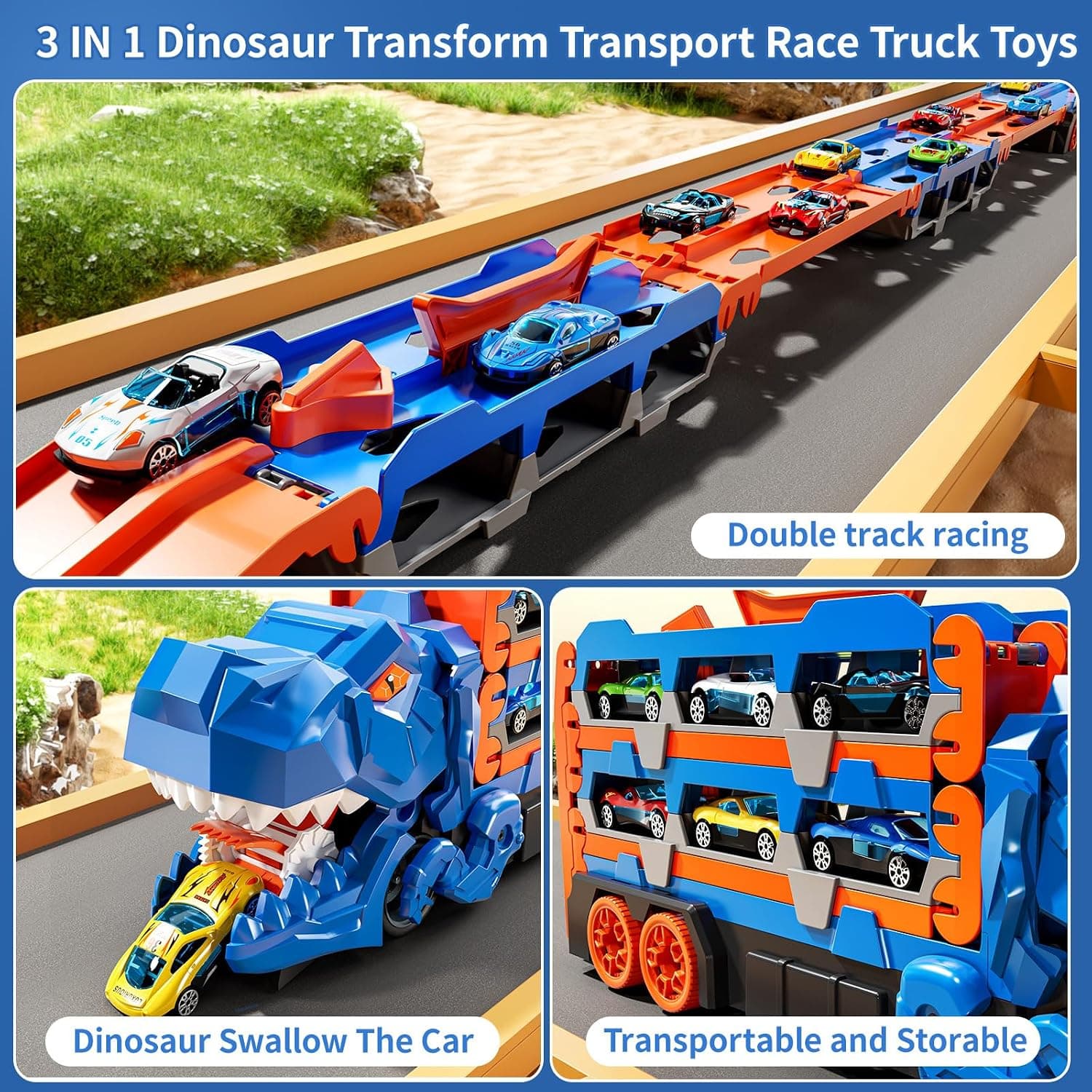 Dinosaur Carrier Truck 2-in-1 with 12 Alloy Cars | Dino Transporter Toy for Kids | Color as per Stock Dispatched | Pack of 1 Set — view 4