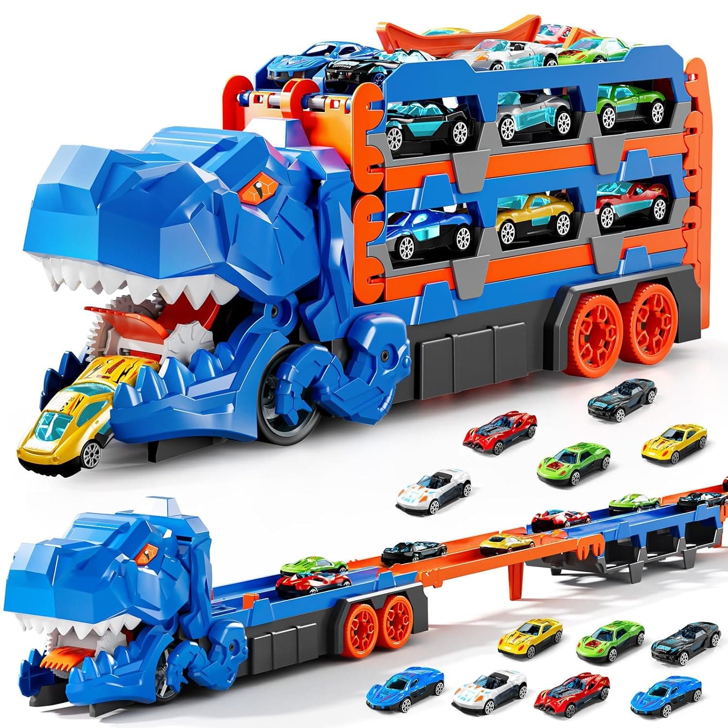 Dinosaur Carrier Truck 2-in-1 with 12 Alloy Cars | Dino Transporter Toy for Kids | Color as per Stock Dispatched | Pack of 1 Set — view 2