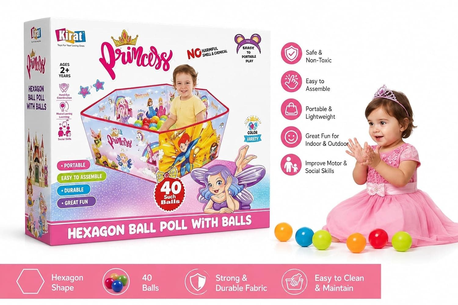 Princess Hexagon Ball Pool Play Tent with 40 Balls | Foldable Ball Pit for Kids | Ages 2+