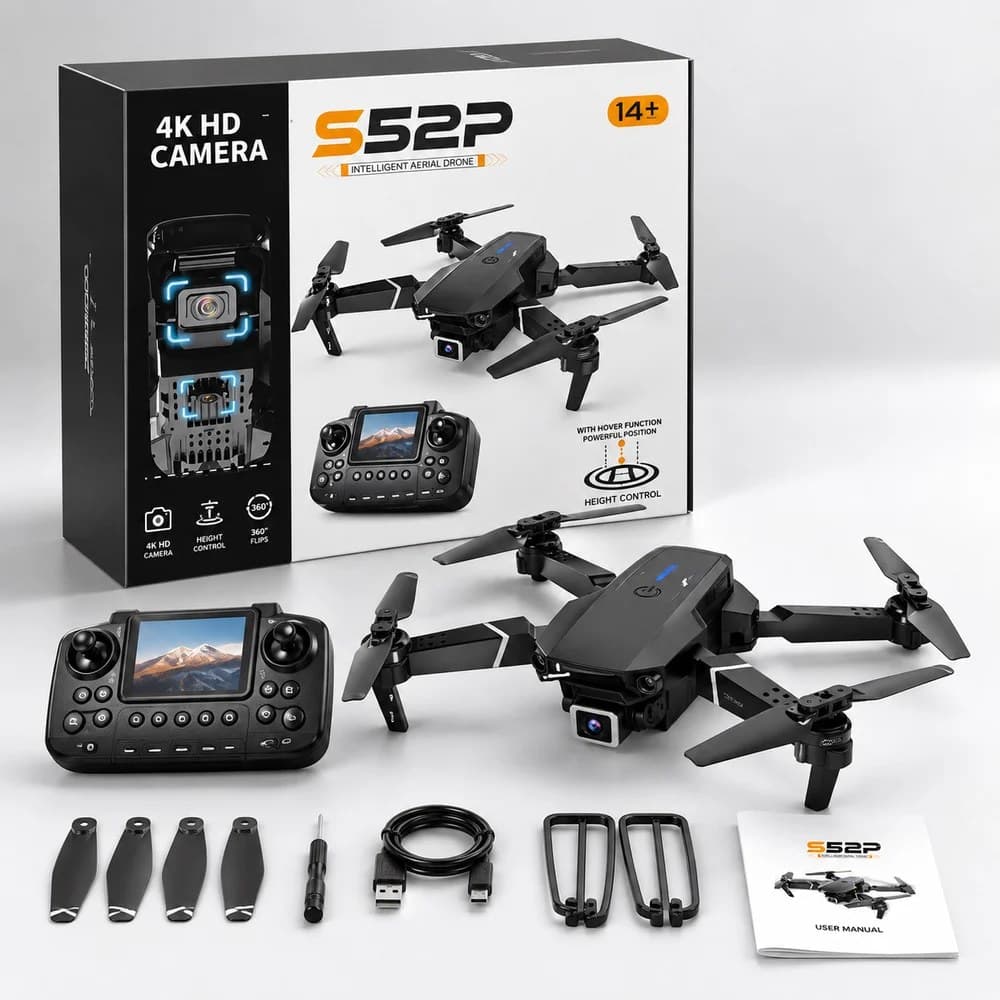 S52P 4K HD Camera Foldable Drone with Remote Controller Screen | Hover Function & Height Control | Ages 14+ | Pack of 1 Pc